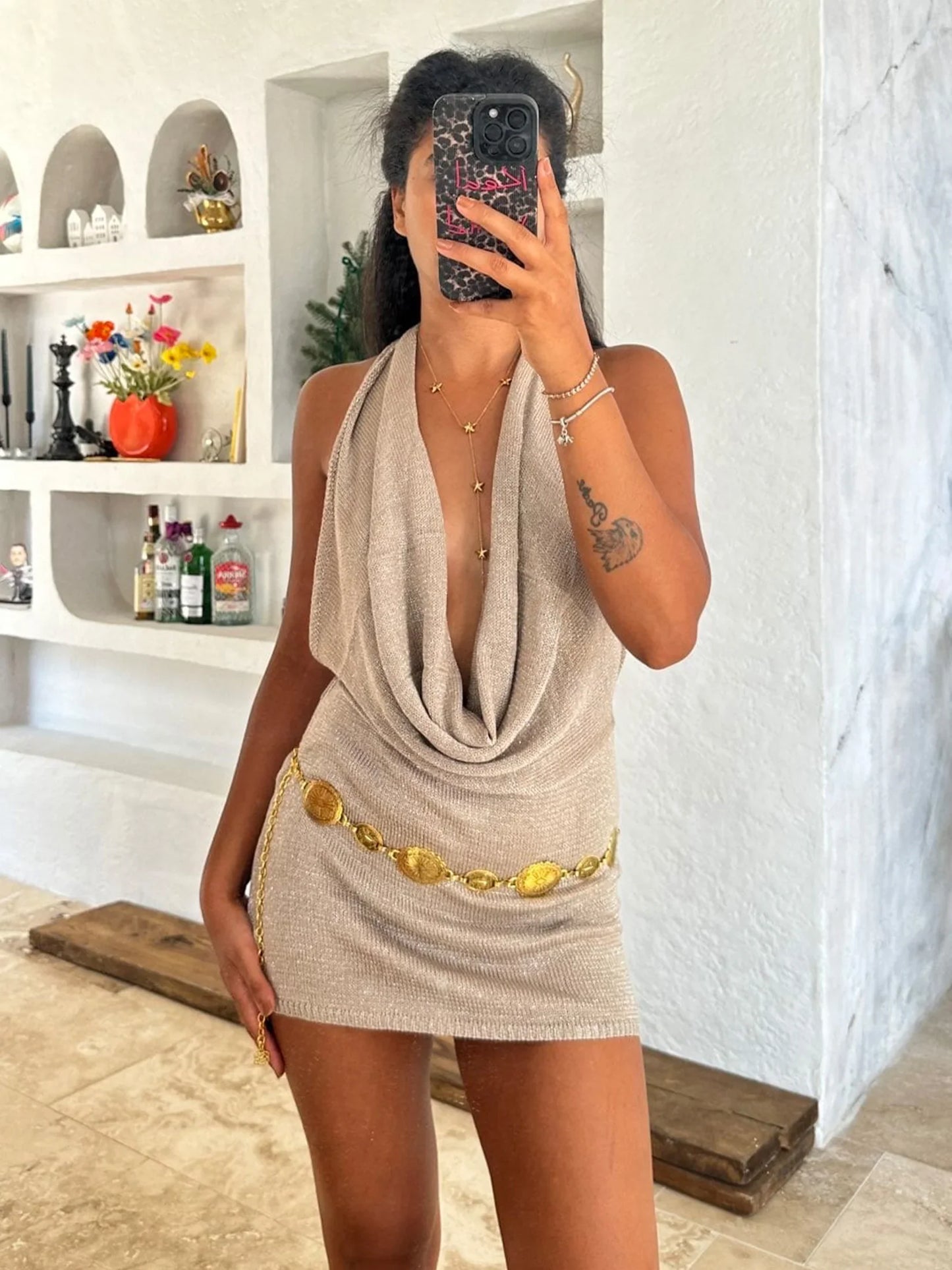 Vestido Mini Sin Espalda con Escote en V Profundo para Mujeres